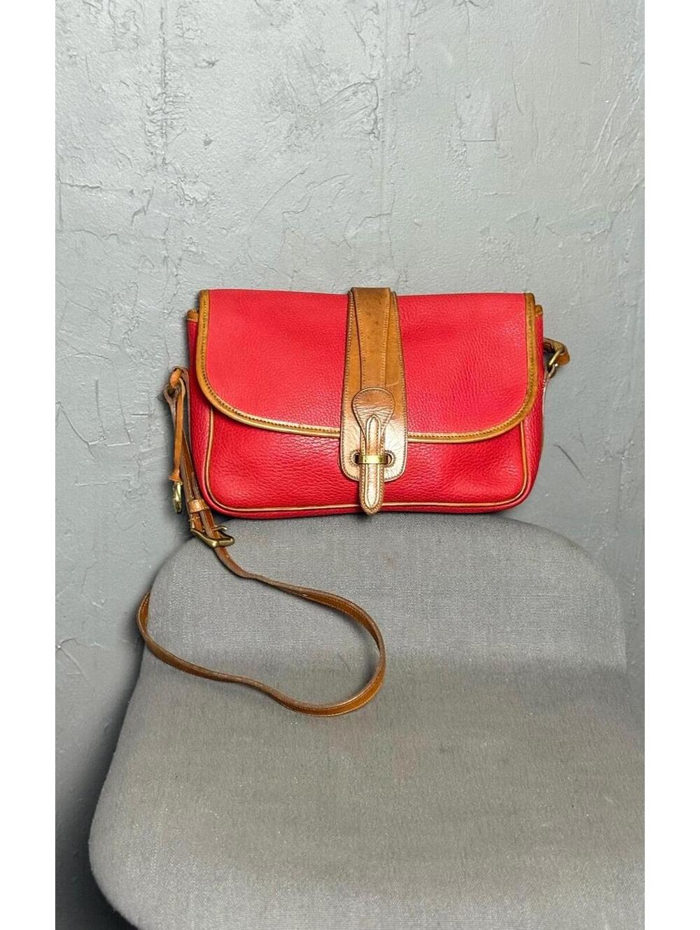 Early 1980's Dooney & Bourke AWL Equestrian Bag Red and Tanned Brown Leather